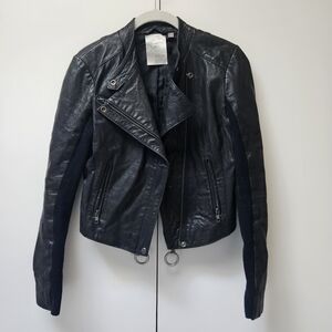 Hinge Genuine Leather Moto Jacket Knit Sleeve Inset for Flattering & Fitted Look